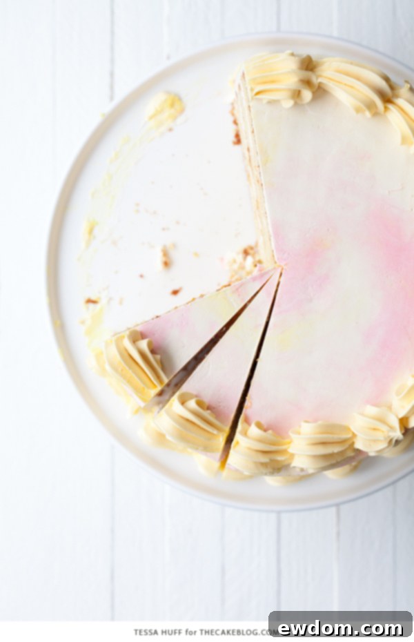 Detailed shot of the watercolor buttercream on the Lemon Honey Apricot Cake