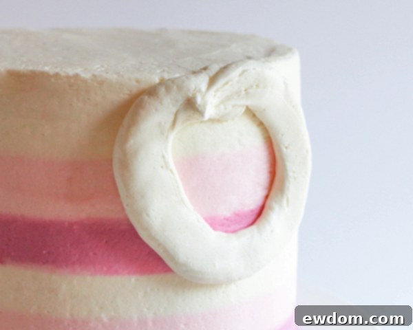 A 3-inch diameter circle of white buttercream is piped onto the side of the cake, serving as the base for the chocolate flower.