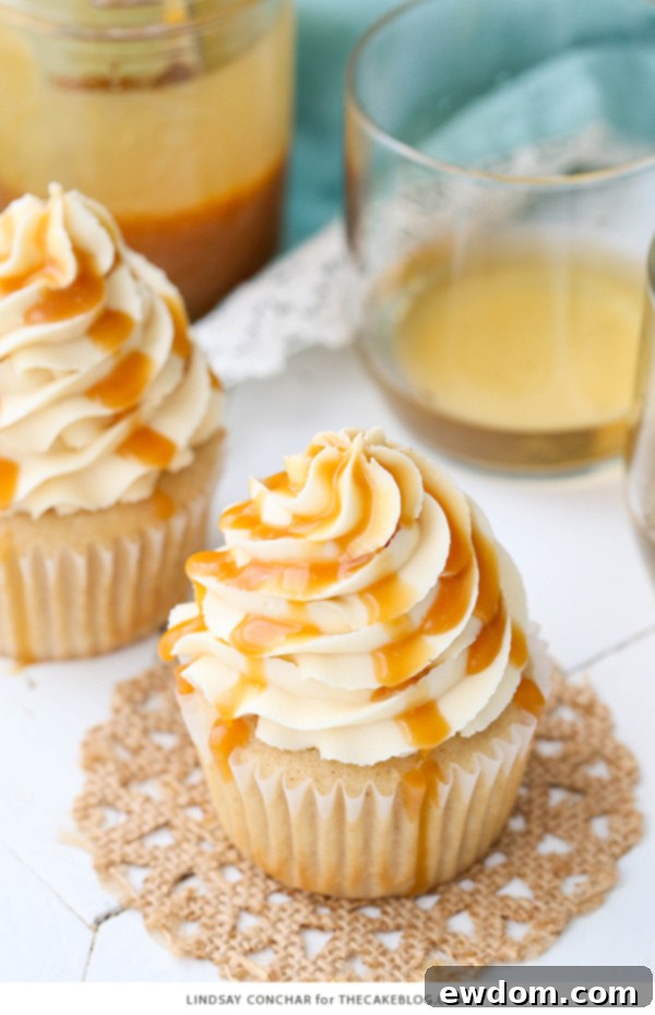Decadent Bourbon Vanilla Caramel Delights 3 Caramel Bourbon Vanilla Cupcakes - a brown sugar bourbon cupcake topped with caramel vanilla frosting for a unique combination that is full of flavor!