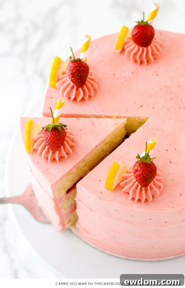 Strawberry Lemonade Cake - tender lemon cake paired with fresh strawberry buttercream | by Carrie Sellman for TheCakeBlog.com