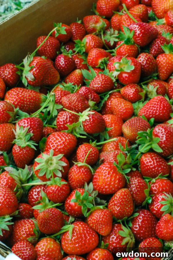 Freshly picked strawberries neatly arranged in a rustic wooden basket