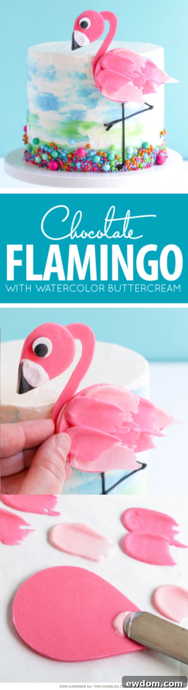 Pink Paradise Flamingo Cake 2 Elegant Pink Flamingo Cake featuring a delicate chocolate topper and vibrant watercolor buttercream