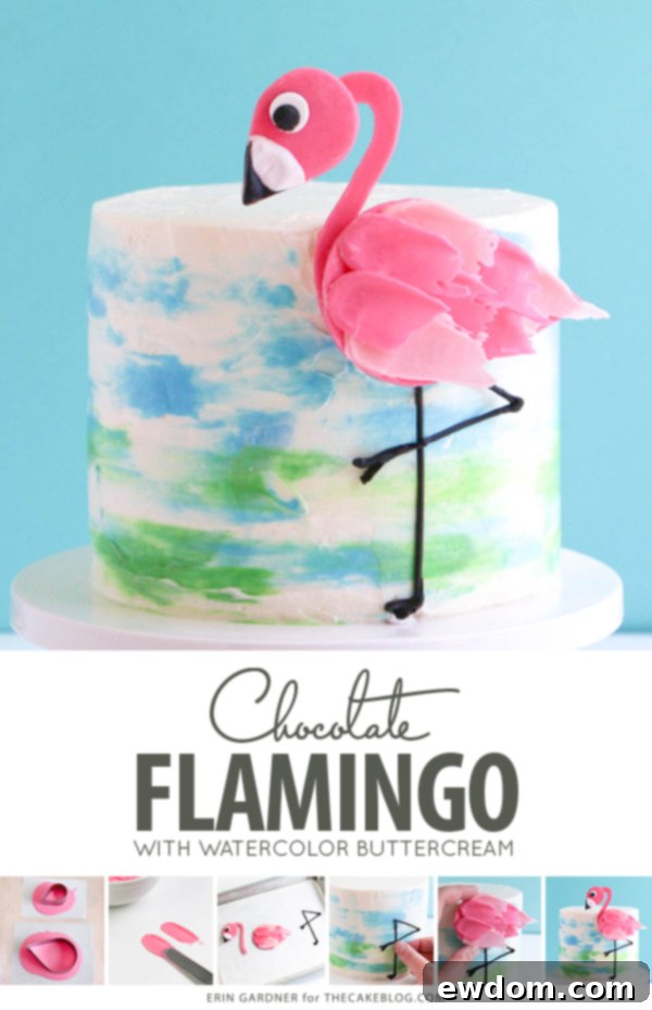 Pink Paradise Flamingo Cake 3 Close-up of a meticulously crafted chocolate flamingo cake topper with intricate brushstroke feathers