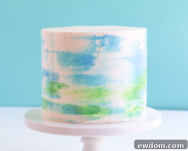 Pink Paradise Flamingo Cake 35 The completed watercolor buttercream cake, ready for the flamingo topper