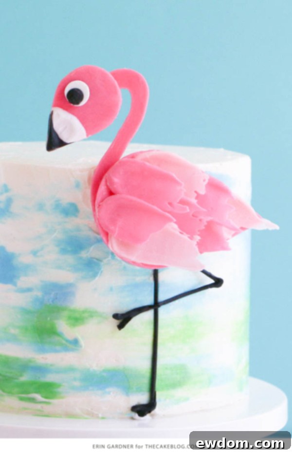 Pink Paradise Flamingo Cake 5 Overhead shot demonstrating the flamingo cake's design and decorative elements