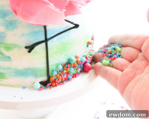 Pink Paradise Flamingo Cake 42 Pressing a mixture of colorful sprinkles onto the bottom edge of the buttercream cake