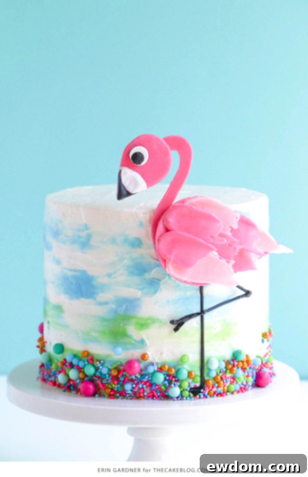 Pink Paradise Flamingo Cake 45 Another beautiful perspective of the completed flamingo cake, highlighting its tropical appeal