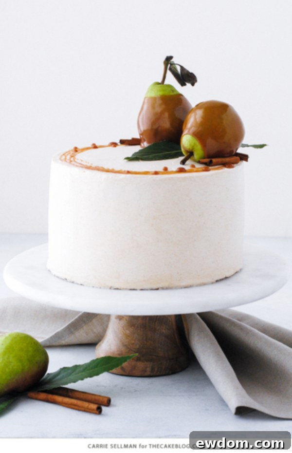 Decadent Salted Caramel Pear Delight 10 A stunning top-down view of the decorated Salted Caramel Pear Cake, ready to be enjoyed.