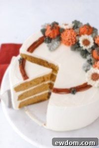 Cozy Pumpkin Spice Treat 8 Pumpkin Spice Cake - Moist cake with cinnamon, ginger, nutmeg and pumpkin spice buttercream frosting by Carrie Sellman