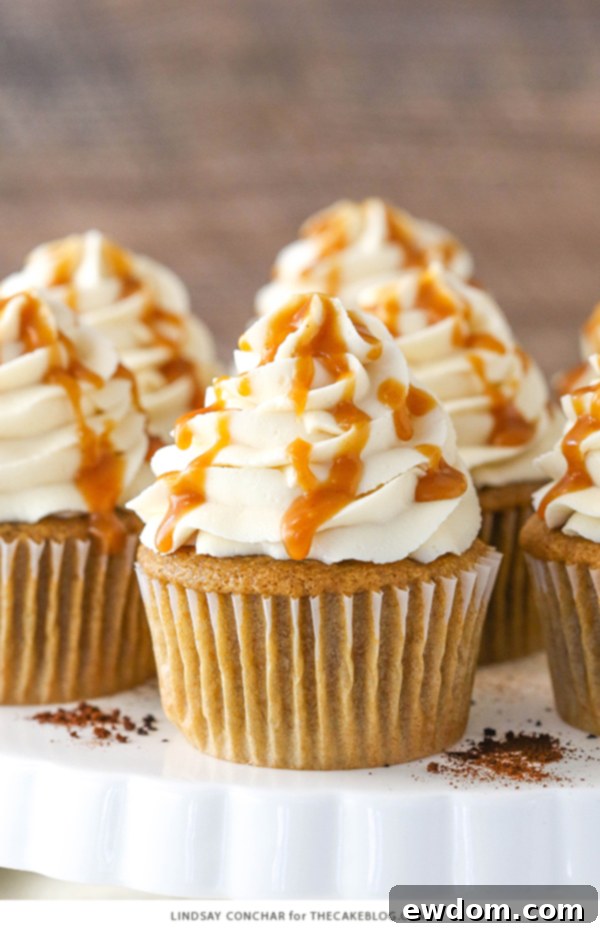 Caramel Mocha Cupcakes - a coffee flavored cupcake, caramel frosting and caramel drizzle | by Lindsay Conchar for TheCakeBlog.com