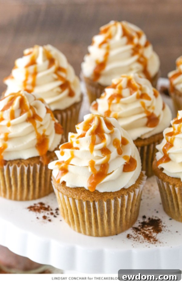 Caramel Mocha Cupcakes - a coffee flavored cupcake, caramel frosting and caramel drizzle | by Lindsay Conchar for TheCakeBlog.com