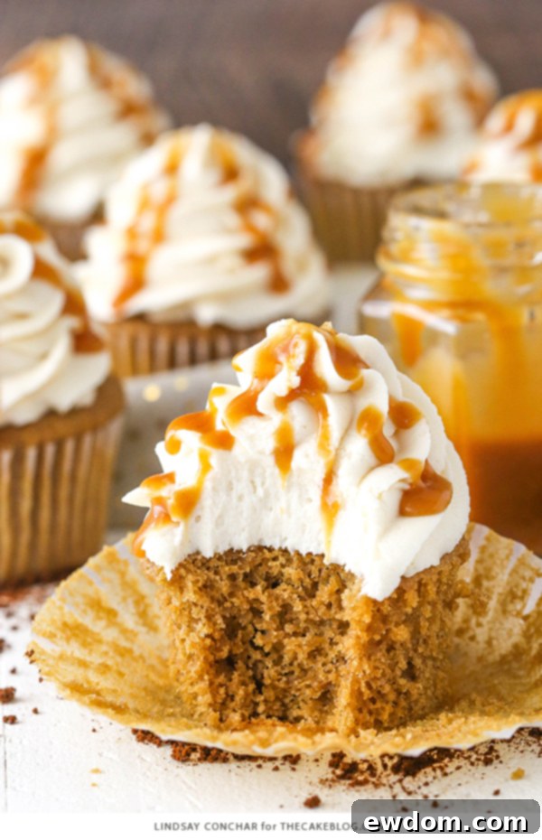 Caramel Mocha Cupcakes - a coffee flavored cupcake, caramel frosting and caramel drizzle | by Lindsay Conchar for TheCakeBlog.com
