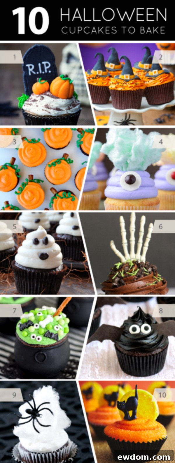 A collage of various Halloween cupcakes including monster, ghost, graveyard, and witch hat designs on TheCakeBlog.com