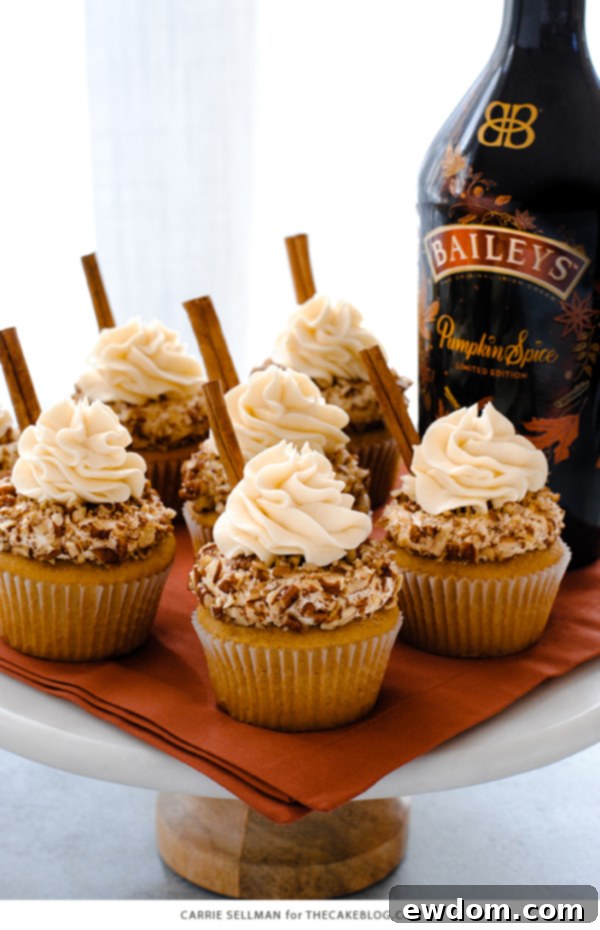 Baileys Pumpkin Spice Cupcakes with intricate frosting swirls | by Carrie Sellman for TheCakeBlog.com