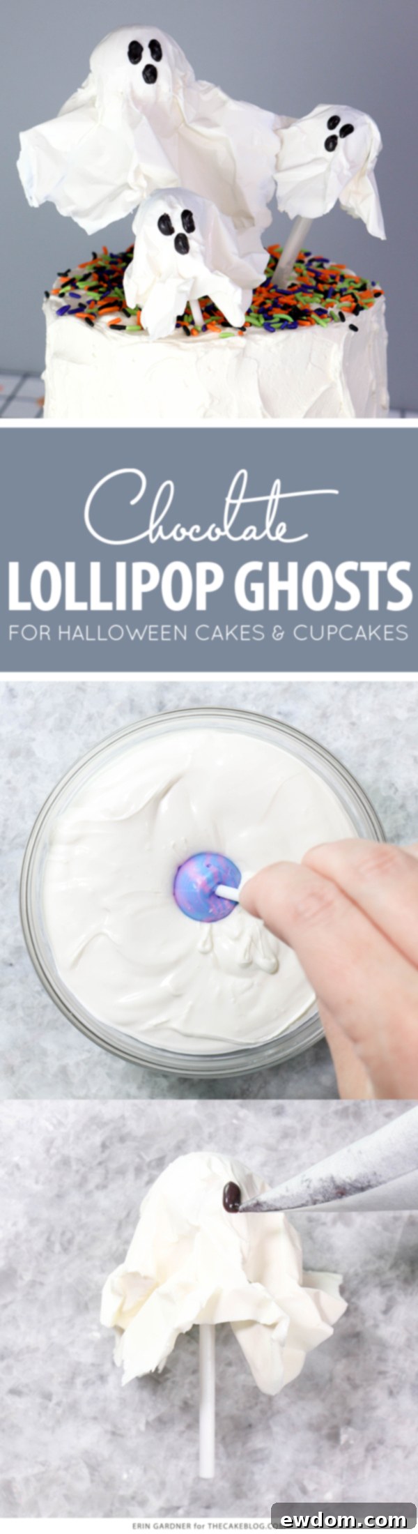 Chocolate Lollipop Ghosts - how to make edible lollipop ghosts for Halloween cakes and cupcakes using white chocolate and suckers | by Erin Gardner for TheCakeBlog.com