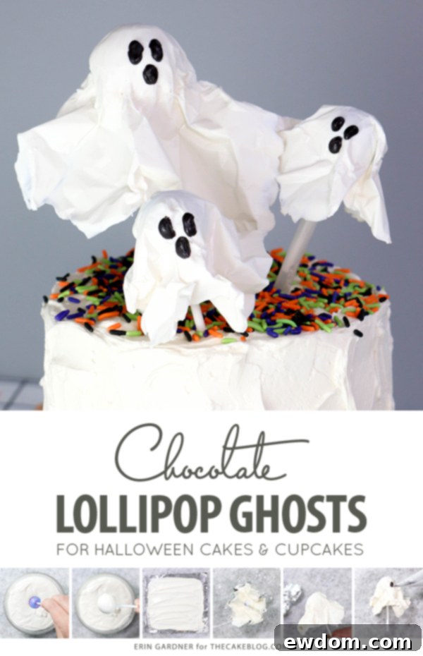 Chocolate Lollipop Ghosts - how to make edible lollipop ghosts for Halloween cakes and cupcakes using white chocolate and suckers | by Erin Gardner for TheCakeBlog.com