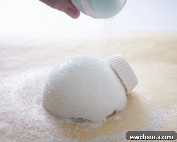 Sprinkling Christmas Ornament Cakes heavily with sparkly sanding sugar