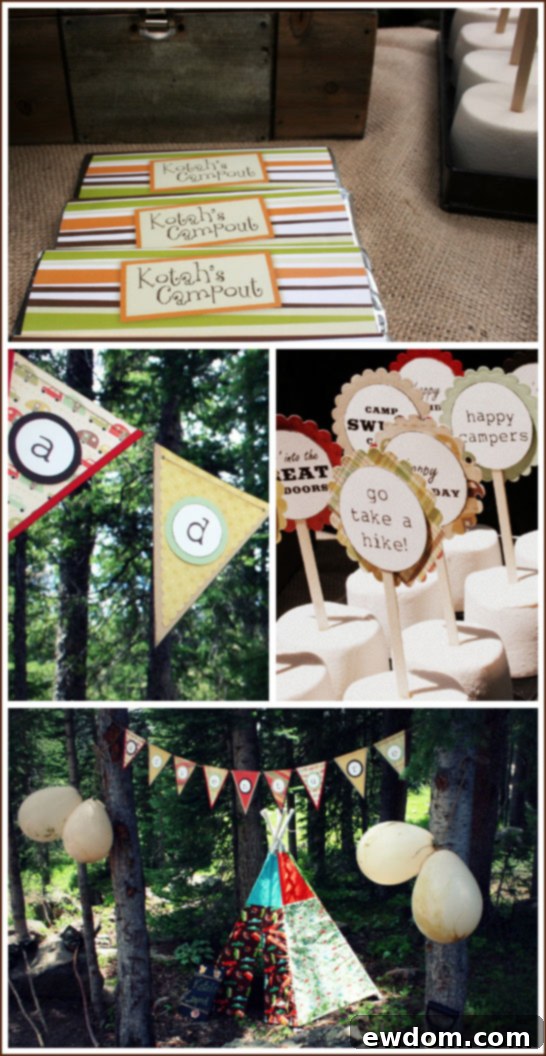 Gourmet S'more Campout Party Desserts and Marshmallow Toppers Creative S'mores Bar with Gourmet Toppings and Themed Marshmallow Sticks