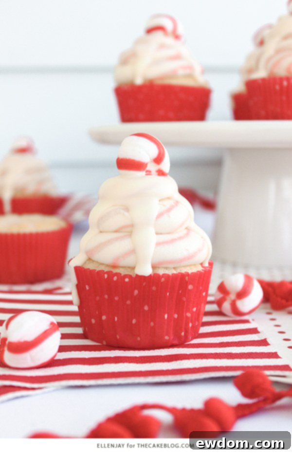 White Chocolate Peppermint Cupcakes - delicious white cake speckled with candy canes, topped with red and white swirled buttercream and white chocolate ganache | by ellenJAY for TheCakeBlog.com