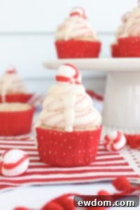 White Chocolate Peppermint Cupcakes - delicious white cake speckled with candy canes, topped with red and white swirled buttercream and white chocolate ganache | by ellenJAY for TheCakeBlog.com