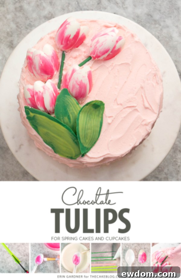 Learn to make gorgeous chocolate tulip cake decorations with melted chocolate and a plastic spoon, perfect for any occasion.