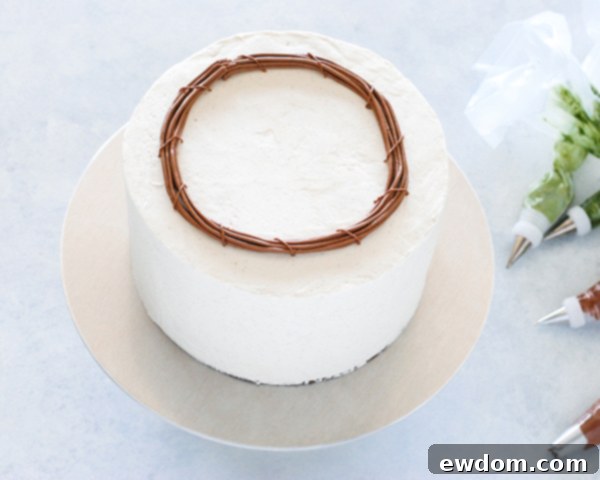 Spring Blossom Wreath Cake 10 The initial stage of the Spring Wreath Cake, showing the piped brown buttercream grapevine base on a white frosted cake.