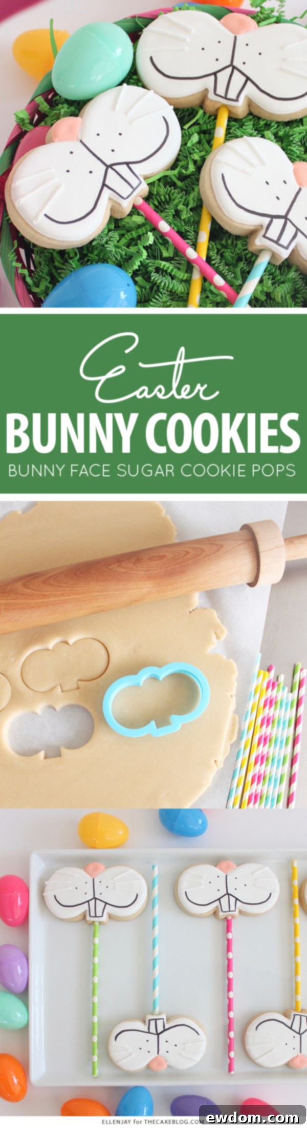 Adorable Easter Bunny Face Cookie Pops decorated with royal icing