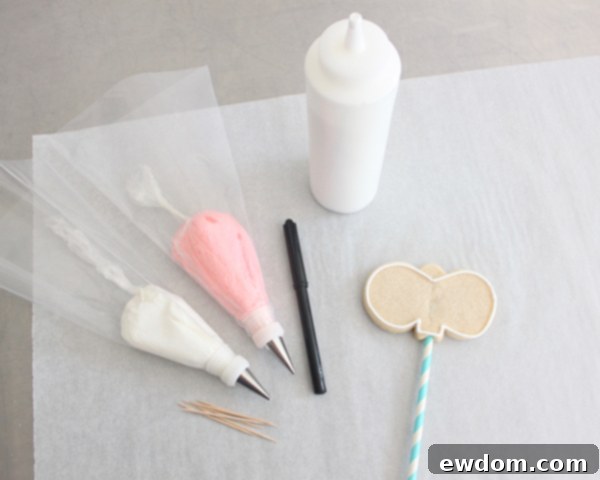 Outlining the bunny cheeks and teeth area on a cookie with white piping icing