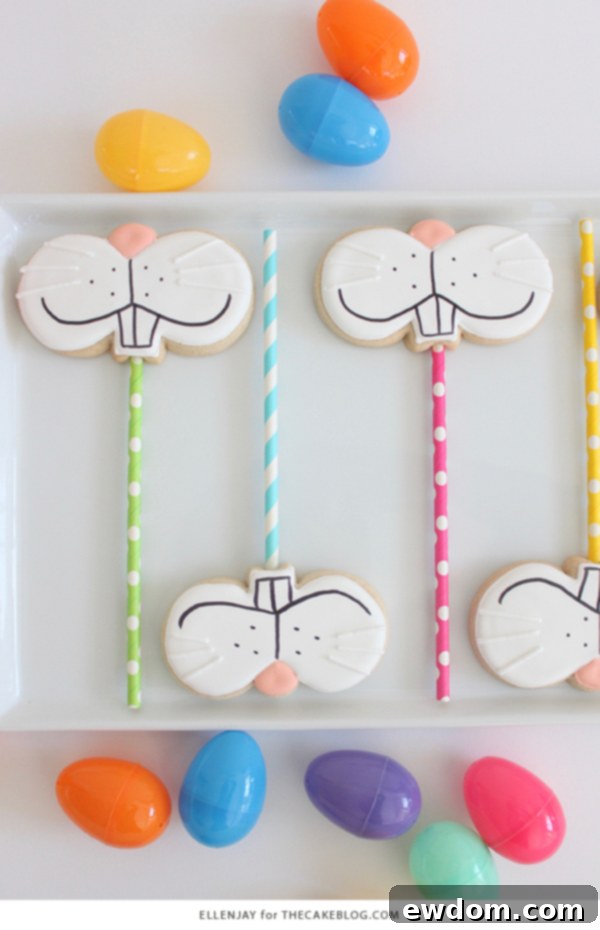 Several Bunny Face Cookie Pops artfully arranged, showcasing their cute designs