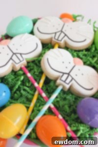 Finished Bunny Face Cookie Pops, beautifully decorated for Easter