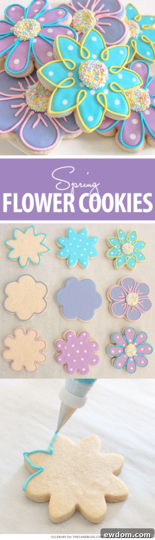 Elegant Flower Sugar Cookies decorated with royal icing and nonpareil sprinkles by ellenJAY