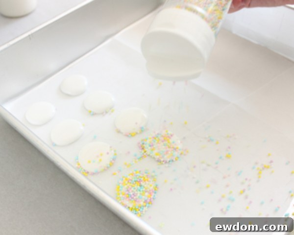 Pastel Nonpareils Sprinkled on Wet Royal Icing Circles | Drying Process for Cookie Centers