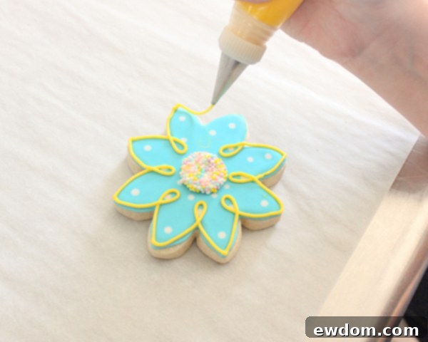 Attaching Nonpareil Flower Centers and Piping Final Details on Cookies | Elegant Finish