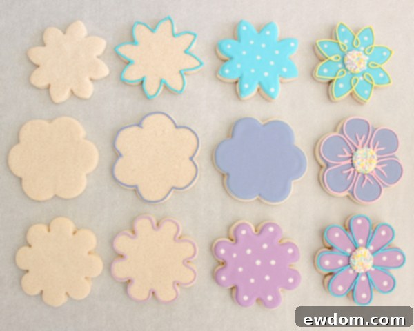 Completed Decorated Flower Sugar Cookies with Royal Icing and Sprinkles | Ready to Enjoy