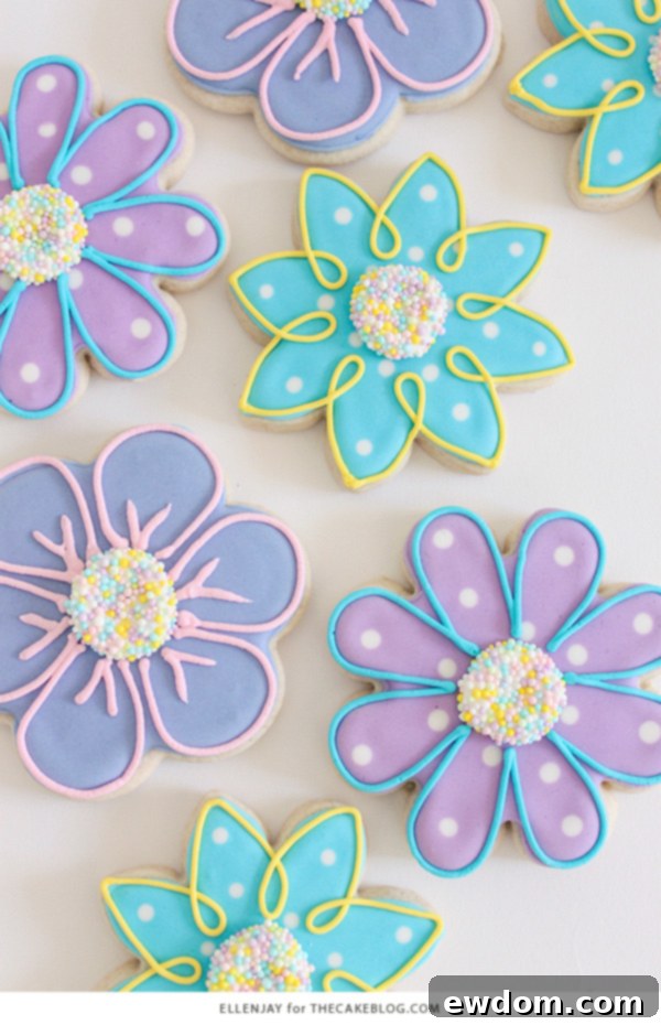 Colorful Royal Icing Flower Sugar Cookies with Sprinkles | Step-by-Step Guide by ellenJAY