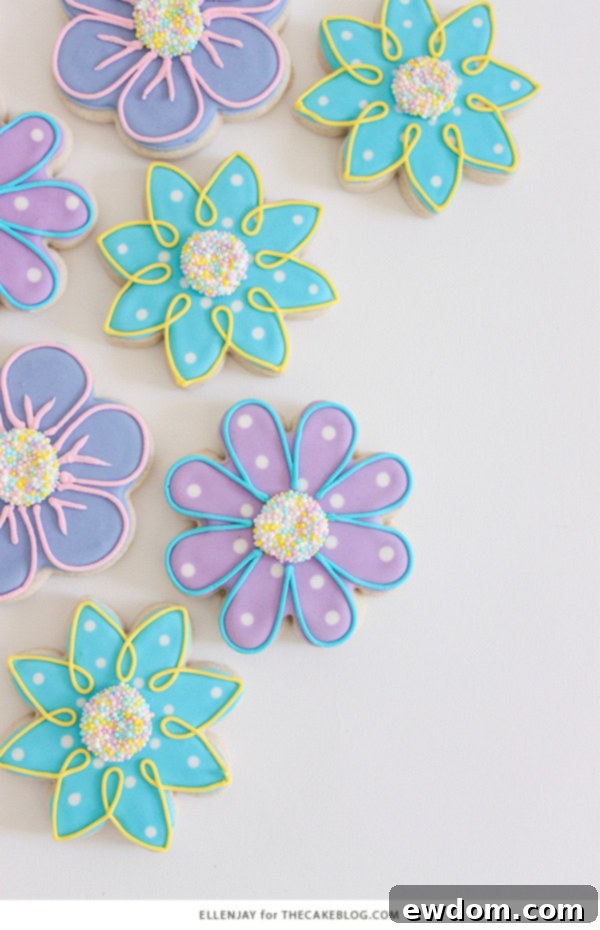 Close-up of Royal Icing Flower Cookies with Nonpareil Centers | ellenJAY Tutorial