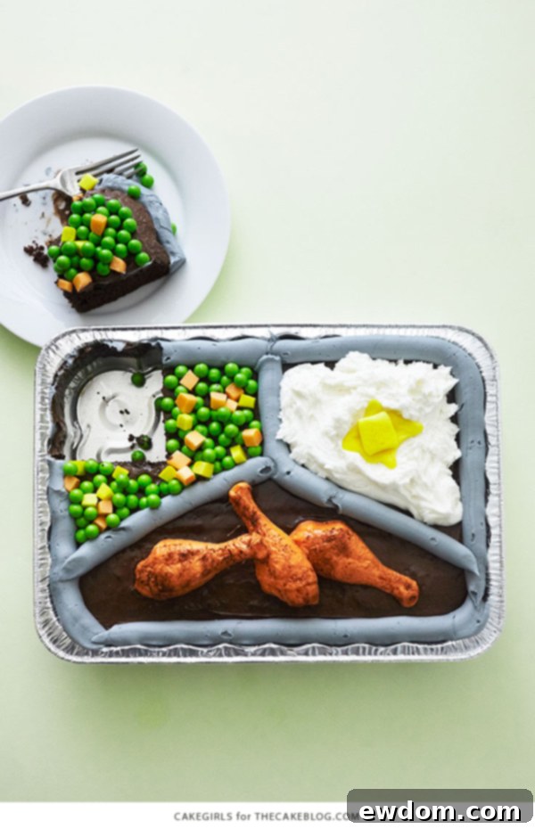 Mid-Century Meal Cake 2 TV Dinner Cake - an easy and fun sheet cake for Father's Day and April Fools Day | by Cakegirls for TheCakeBlog.com #fathersday #sheetcake #cake #aprilfools #diy