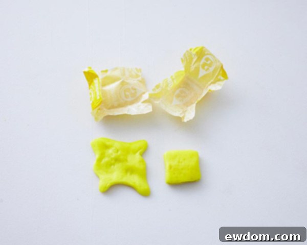 Mid-Century Meal Cake 11 Making candy butter: Yellow Starbursts flattened and shaped to look like melted butter and a pat of butter for the TV Dinner Cake. By Cakegirls for TheCakeBlog.com