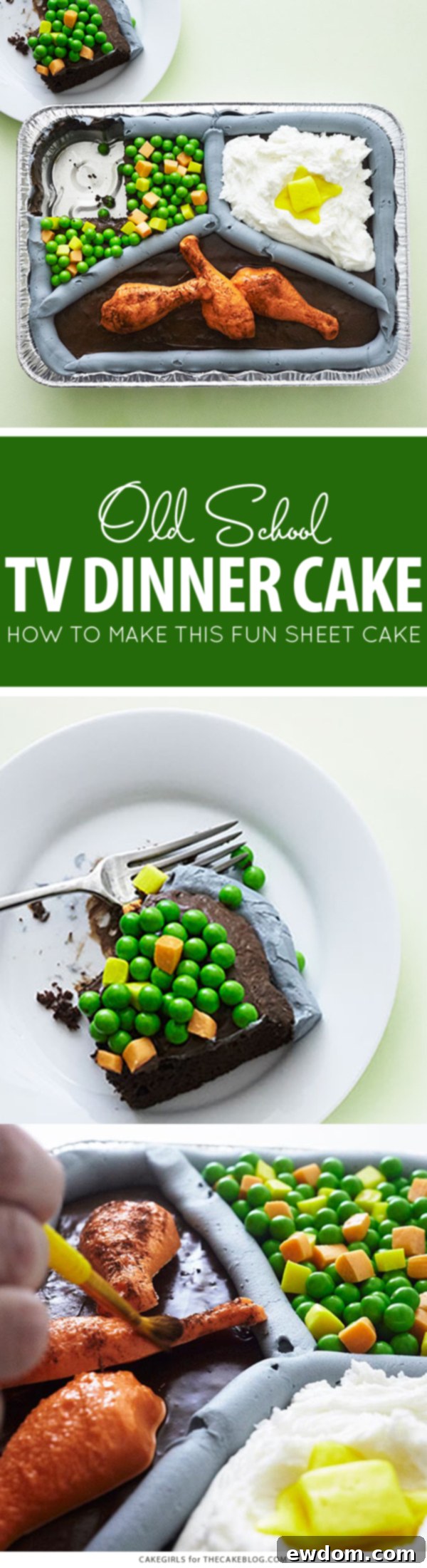 Mid-Century Meal Cake 3 Detailed close-up of the retro TV Dinner Cake, showcasing realistic candy fried chicken, fluffy buttercream mashed potatoes, and vibrant Starburst and Sixlet mixed vegetables. Perfect for Father's Day or April Fools Day fun. By Cakegirls for TheCakeBlog.com