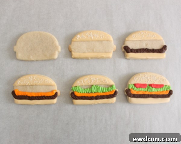 Steps for decorating hamburger sugar cookies