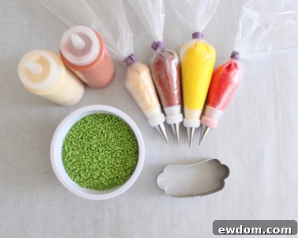 Piping red-brown royal icing outline for hot dog