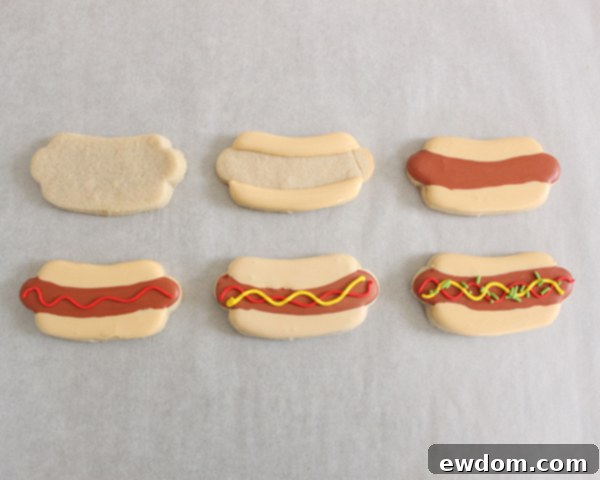 Steps for decorating hot dog sugar cookies