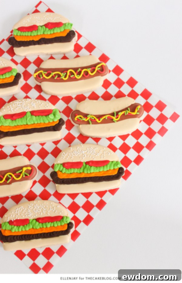 Decorated hot dog sugar cookie with mustard and relish