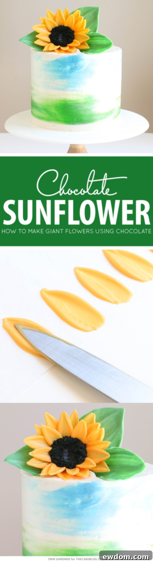Sunflower Cake - how to make gorgeous sunflower cake decorations using melted chocolate | by Erin Gardner for TheCakeBlog.com