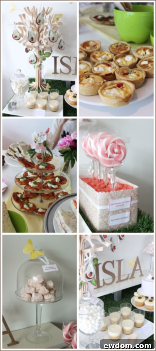 Close-up of Modern Garden Tea Party Dessert Spread with Cake and Cupcakes