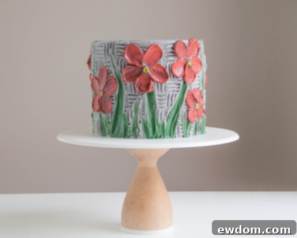 Another perspective of the finished artistic buttercream cake, ready to be admired