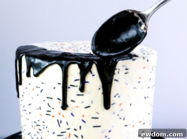 Creating a perfect chocolate ganache drip on the chilled cake, showcasing the technique for a smooth and dramatic finish | by Erin Gardner for TheCakeBlog.com