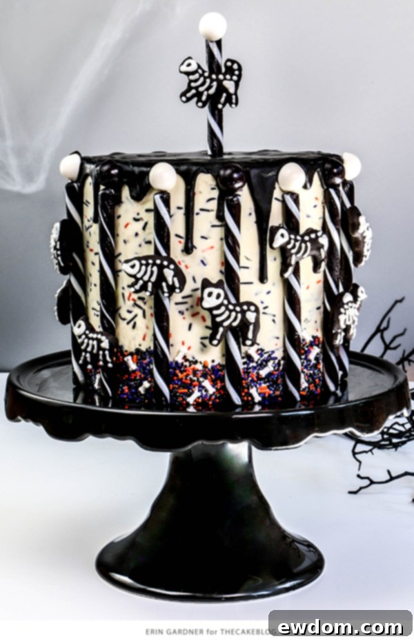 Stunning Animal Skeleton Carousel Cake featuring chocolate-dipped animal cracker skeletons and vibrant Halloween sprinkles, a perfect Day of the Dead or Halloween dessert by Erin Gardner for TheCakeBlog.com