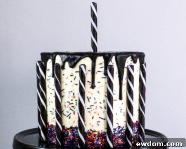 Pressing black and white candy sticks into the top of the cake, forming the carousel structure for the animal skeletons | by Erin Gardner for TheCakeBlog.com