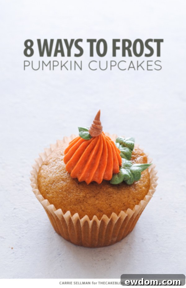 Pumpkin Cupcake Creations: Eight Unique Takes 2 8 Ways to Decorate a Pumpkin Cupcake with Buttercream Frosting | Carrie Sellman for TheCakeBlog.com